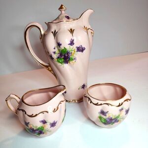 Leneige Vintage Pink and Gold Porcelean Tea Set With Purple Violets